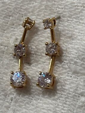 Gold Tone Triple Cubic Zirconia Drop Earrings - Women Jewelry